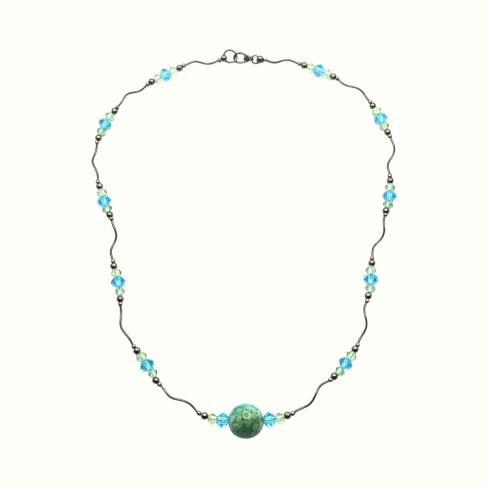 Boho Art Glass Pendant Crystal Beaded 925 Sterling Silver Wavy Wire Necklace